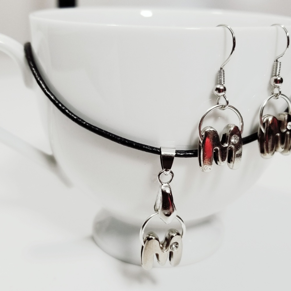 Leather Cord Silver Initial M Necklace Set